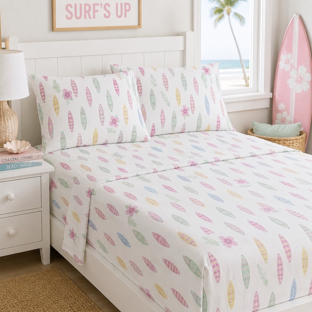 Pottery Barn Kids Full Sheet Set Pink Island Surf Ttopical Hibiscus & Surfboards - Picture 3 of 6